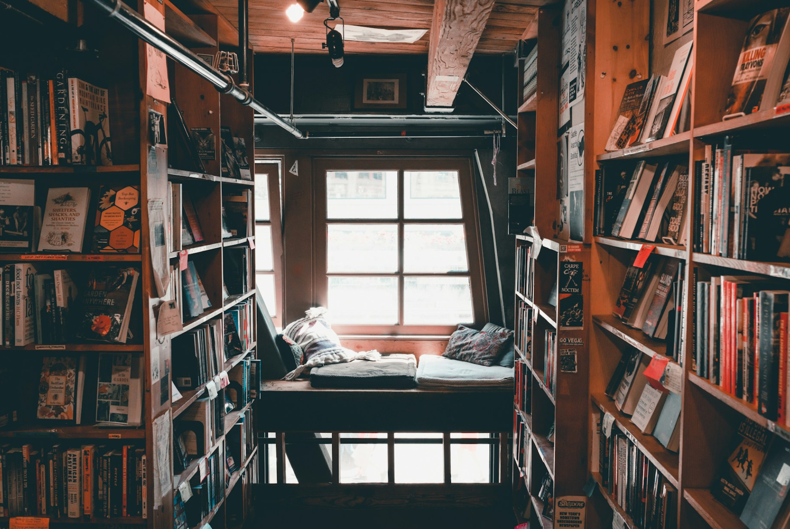Ventana rodeada de libros.